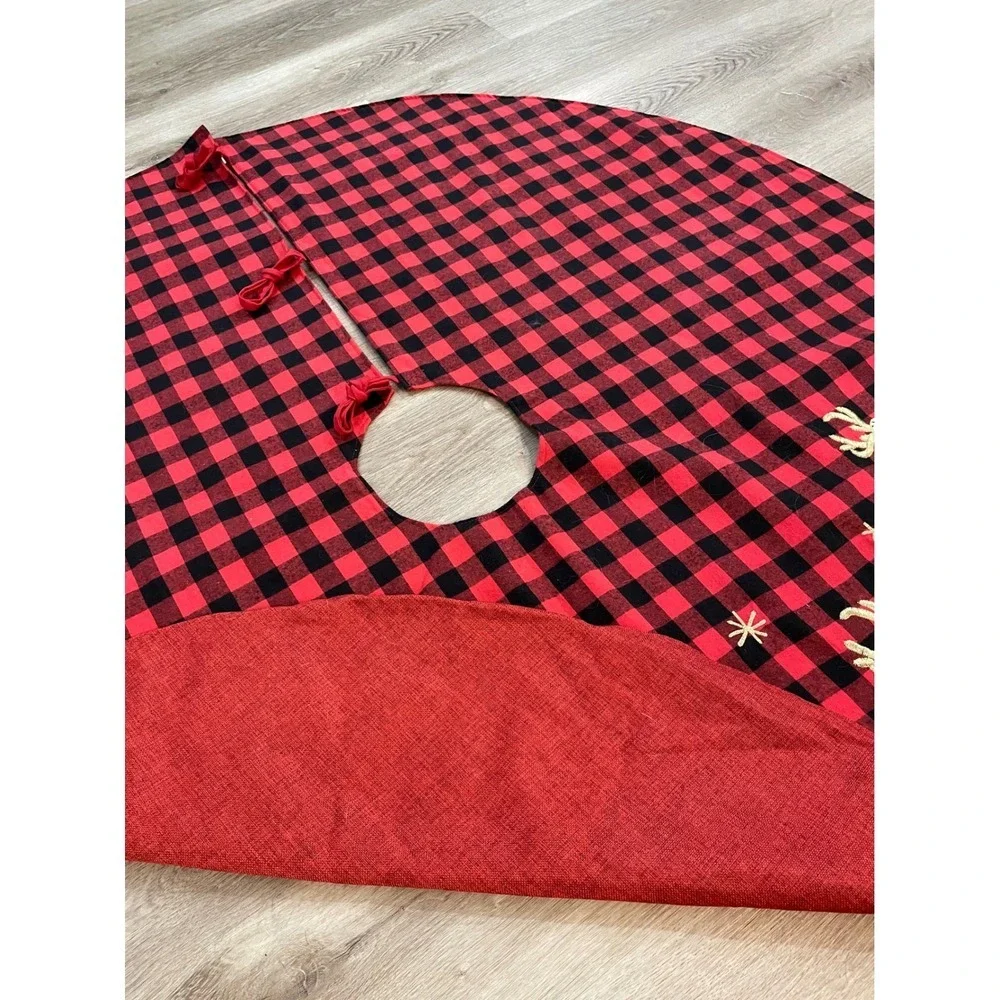Jingles Joy Red Black Buffalo Plaid‎ Christmas Tree Skirt Santa Sleigh Reindeer